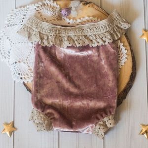 Newborn velvet off the shoulder romper in Mauve | newborn photos